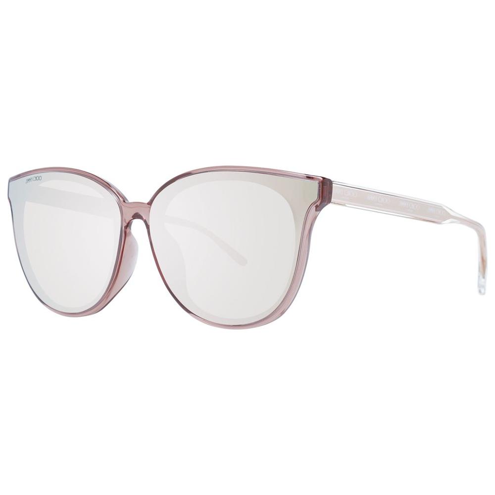 Jimmy Choo unisex pink sunglasses with rose cat-eye plastic frame, grey mirrored lenses, and 100% UVA & UVB protection.
