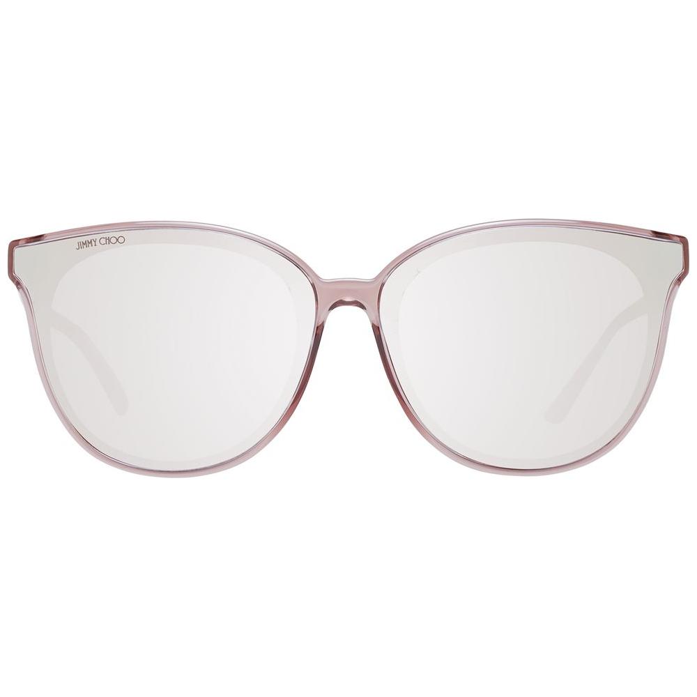 Jimmy Choo pink unisex cat-eye sunglasses with rose full-rim plastic frame, grey mirrored lenses, 100% UVA & UVB protection.