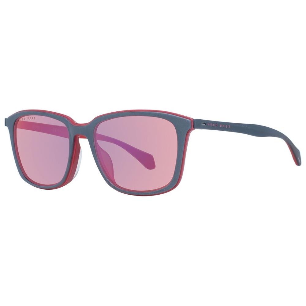 Hugo Boss multicolor men's sunglasses with square mirrored lenses, plastic frame, UVA/UVB protection, size 56-19-145.