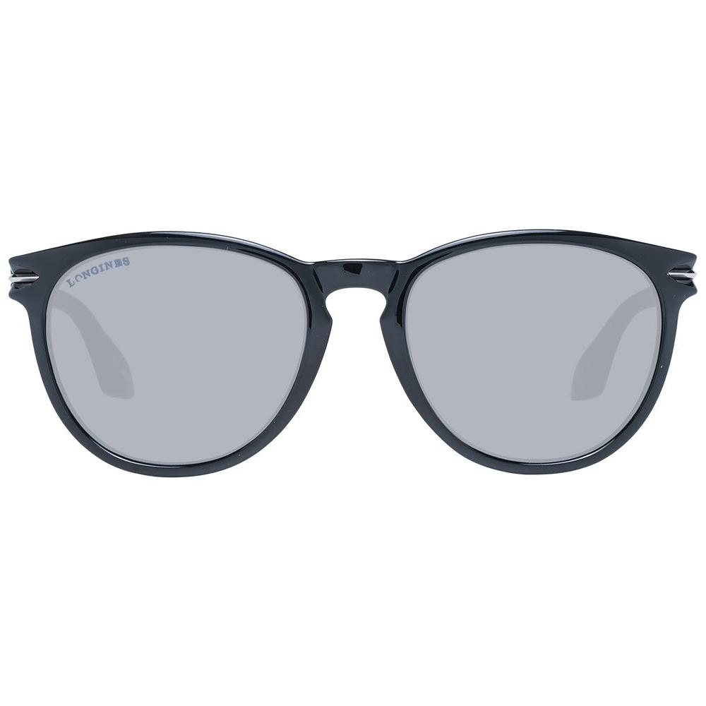 Longines black unisex full-rim sunglasses with gradient grey lenses, plastic frame, 54-19-140 size. Includes branded case.