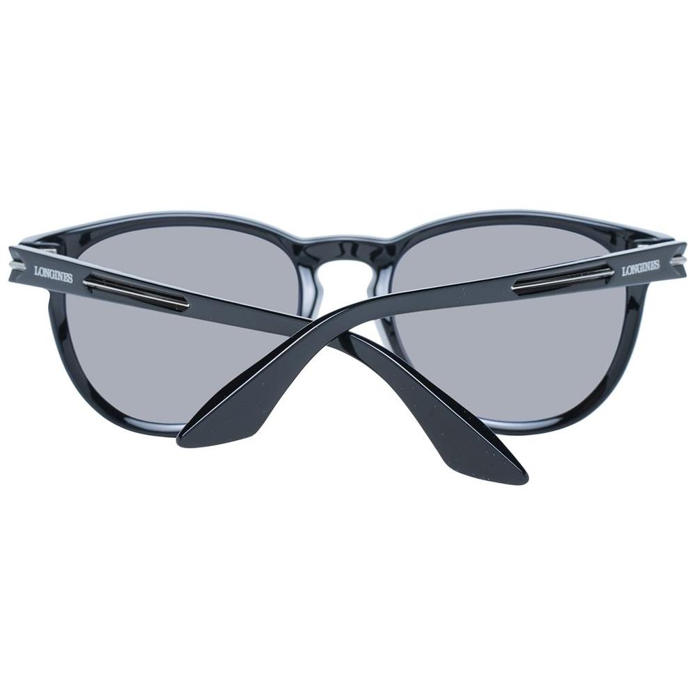 Longines black unisex sunglasses with gradient grey lenses, full-rim plastic frame, 100% UVA & UVB protection, size 54-19-140.