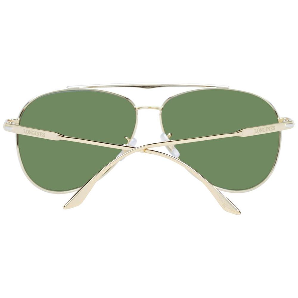 Longines men's gold aviator sunglasses with green lenses, metal full-rim frame, 100% UVA & UVB protection, includes branded case.
