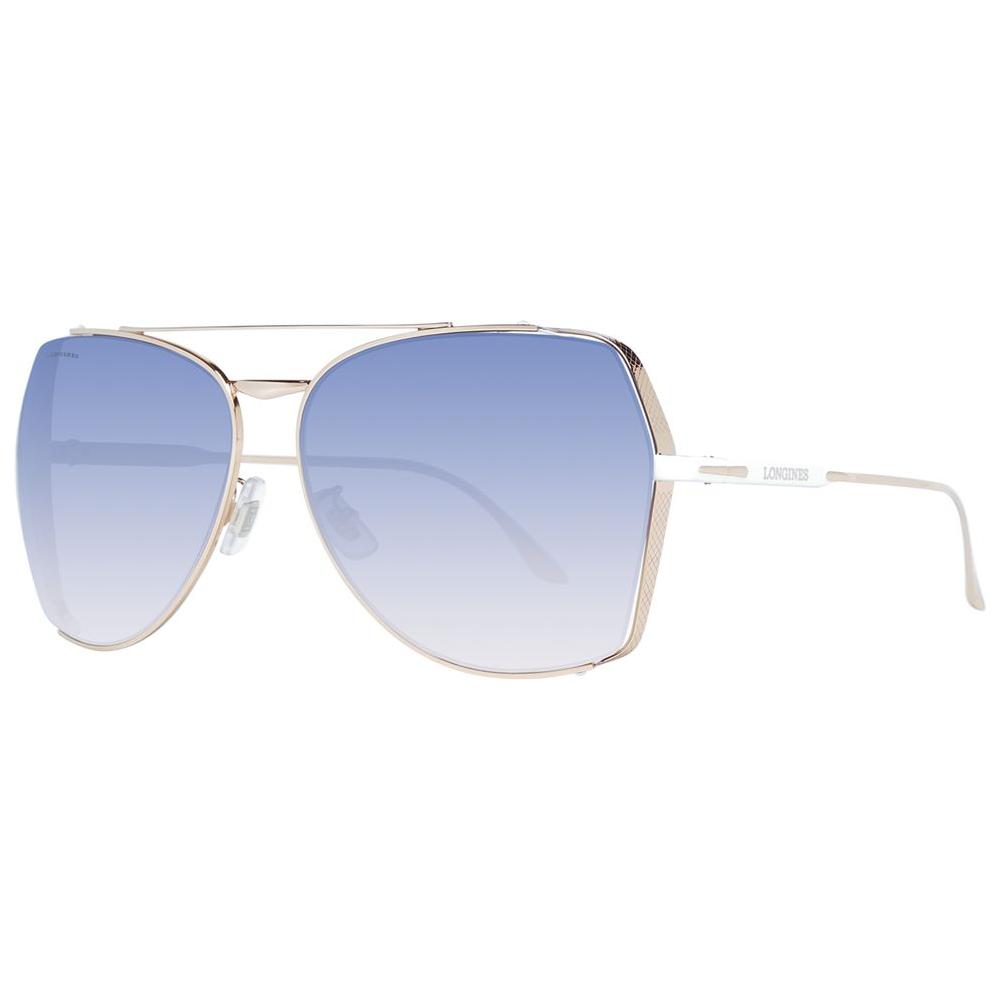 Longines women's aviator sunglasses with gold metal frame, blue gradient lenses, and half-rim design. UVA & UVB protection.