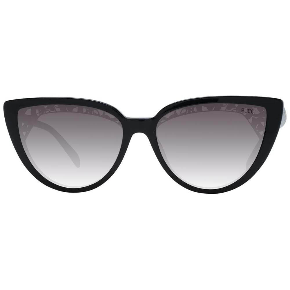Emilio Pucci black cat eye sunglasses for women with grey gradient lenses and full-rim plastic frame, includes branded case.