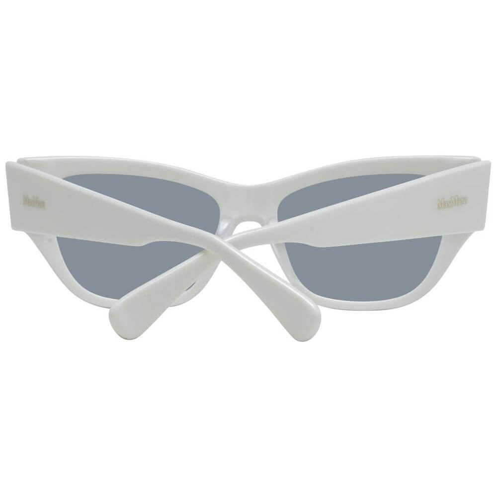 Max Mara white cat eye sunglasses, full-rim design, grey mirrored lenses, plastic frame, and 100% UV protection, includes branded case.