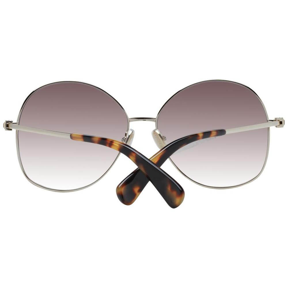 Max Mara gold round women's sunglasses with gradient brown lenses, full-rim metal frame, 100% UVA & UVB protection, branded case included.