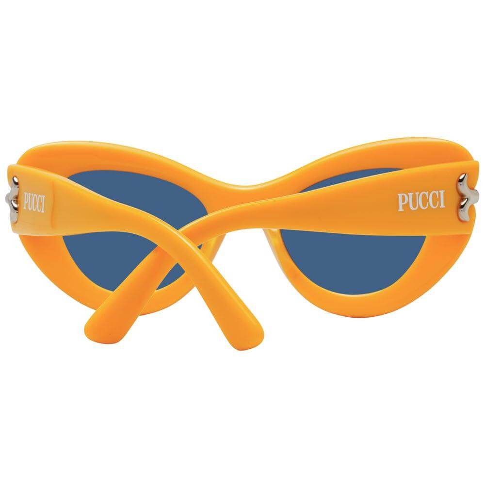 Emilio Pucci yellow full-rim cat eye women's sunglasses with blue lenses, featuring 100% UVA & UVB protection and plastic frame.