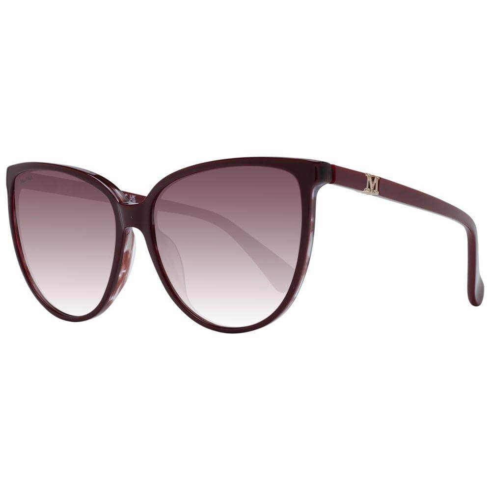 Max Mara burgundy sunglasses for women with full-rim plastic frame, gradient lenses, butterfly style. Includes branded case. UVA & UVB protection.