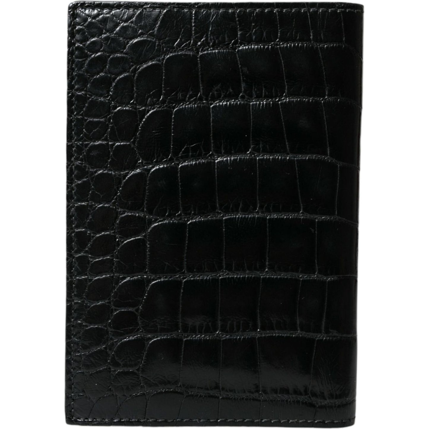 Dolce & Gabbana black exotic skin leather bifold passport holder with logo plaque, 95% crocodile leather, made in Italy.