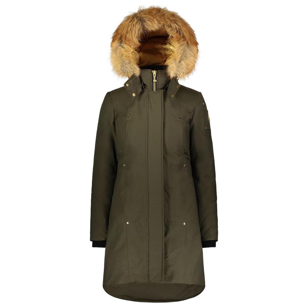 Moose Knuckles Army Cotton Women Coat with detachable hood and gold-tone hardware, offering luxury and warmth for winter fashion.