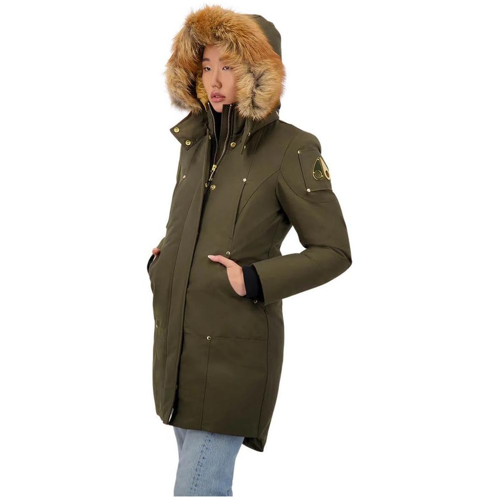 Moose Knuckles Women's Army Cotton Coat with detachable hood and gold-tone hardware for luxurious winter warmth.