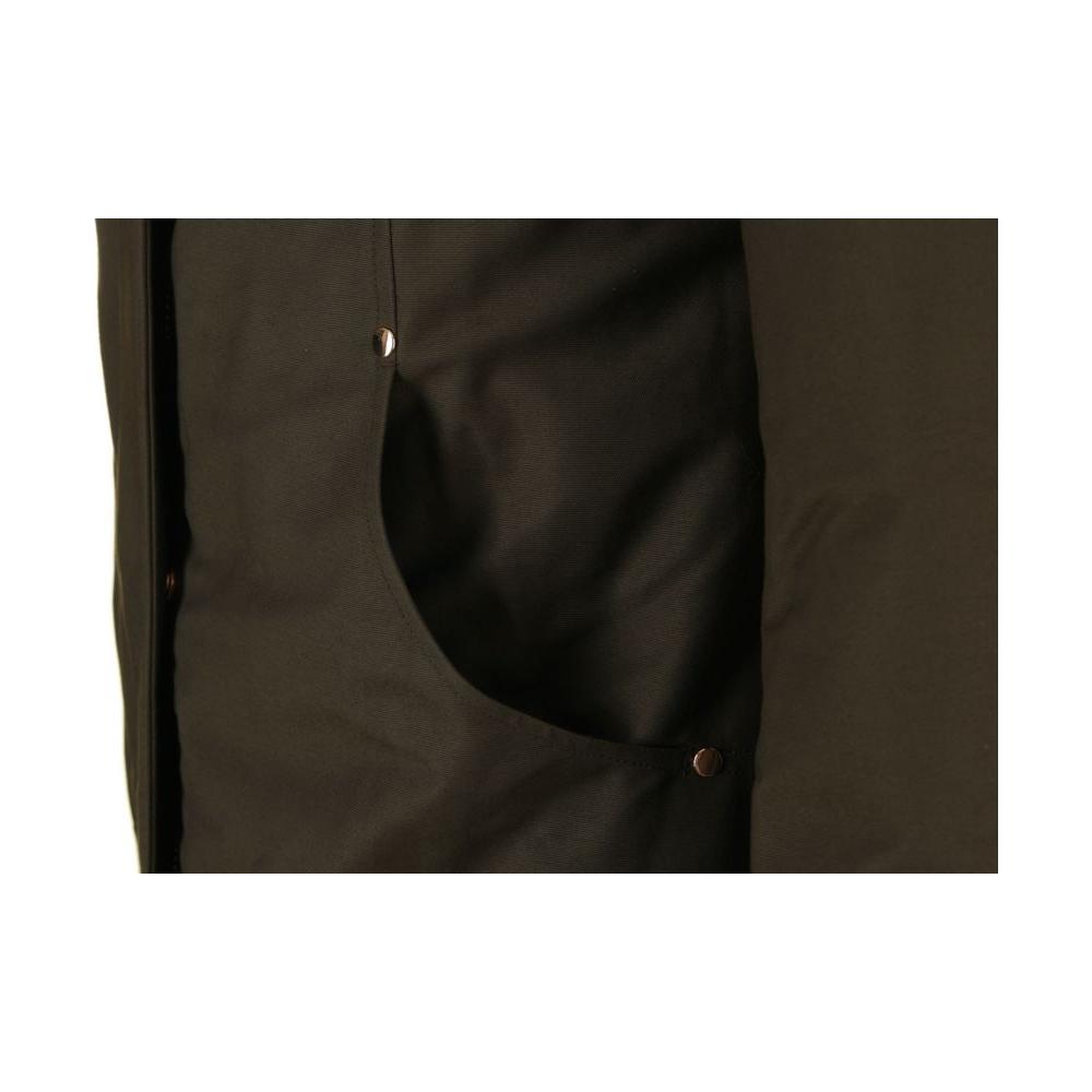 Detail of Moose Knuckles Army Cotton Women's Coat with pocket and button accents in rich Army color.