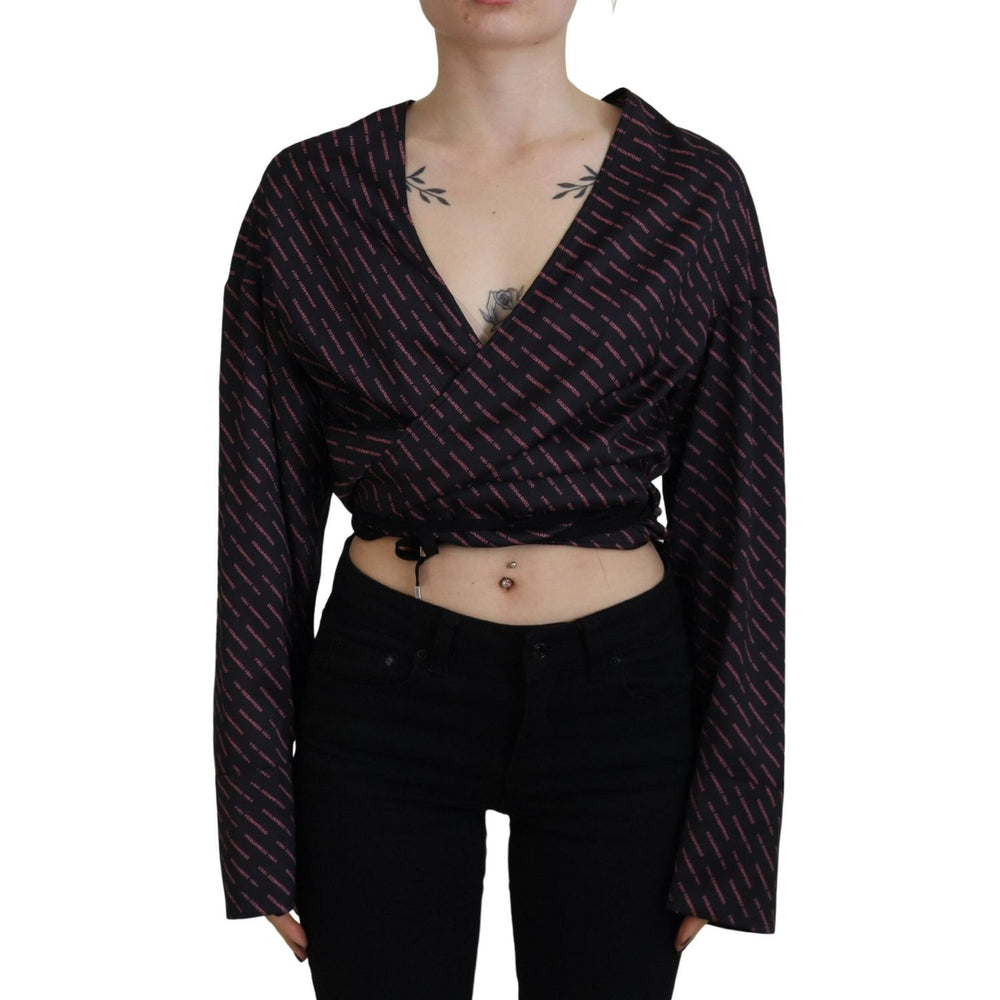 Dsquared² Black Polyester Cropped Logo Printed Blouse Top Dsquared² Black