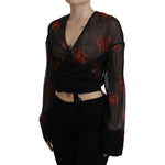 Dsquared² Black Floral Print Cropped Wrap Long Sleeves Top Dsquared² Black