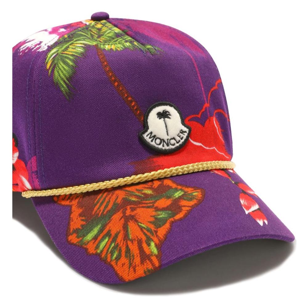 Moncler x Palm Angels purple cap with floral print, Moncler logo, and gold rope on visor.