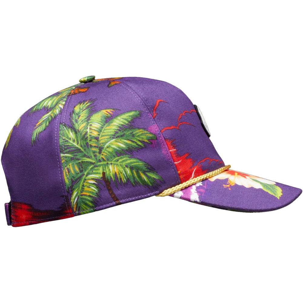 Purple Moncler x Palm Angels cap with floral print, gold rope on visor, and Moncler logo on front.