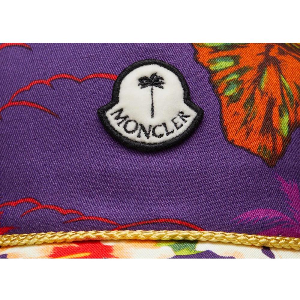 Moncler x Palm Angels purple floral cotton hat with logo and gold rope detail on visor.