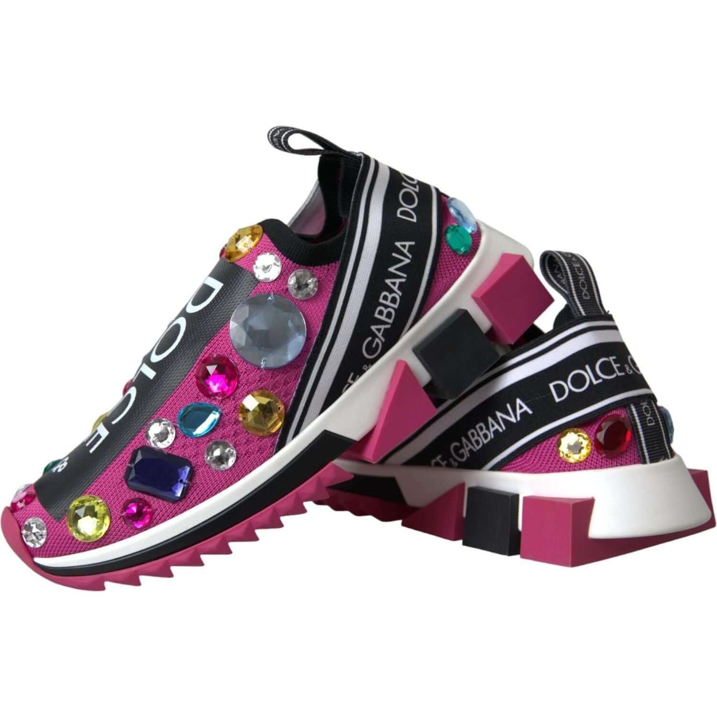 Dolce & Gabbana Pink Sorrento sneakers with rhinestones and logo, featuring cleated rubber sole and techno fabric design.