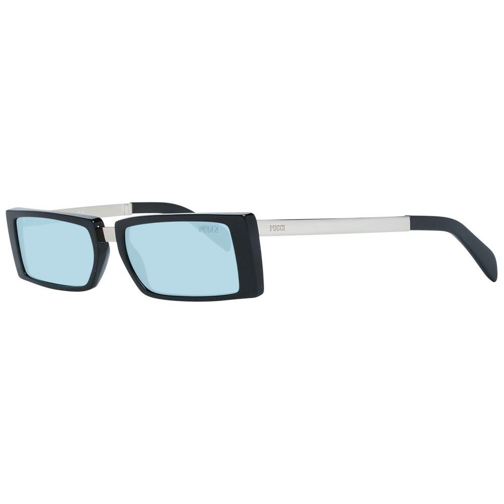 Emilio Pucci black rectangle sunglasses for women with turquoise lenses, full-rim plastic frame, offering 100% UVA UVB protection.