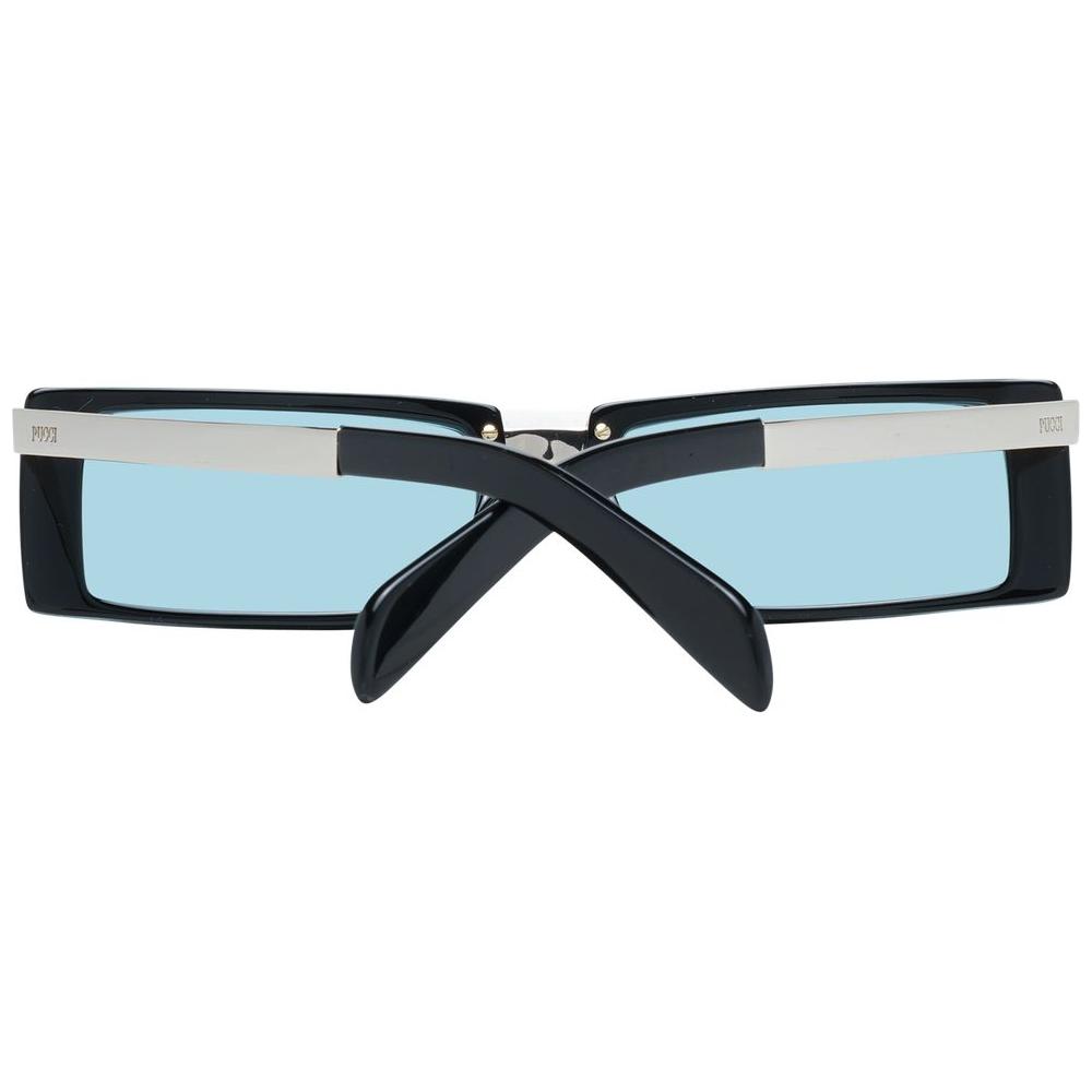 Emilio Pucci black rectangle sunglasses for women with turquoise lenses and full-rim design, includes branded case, UV protection.