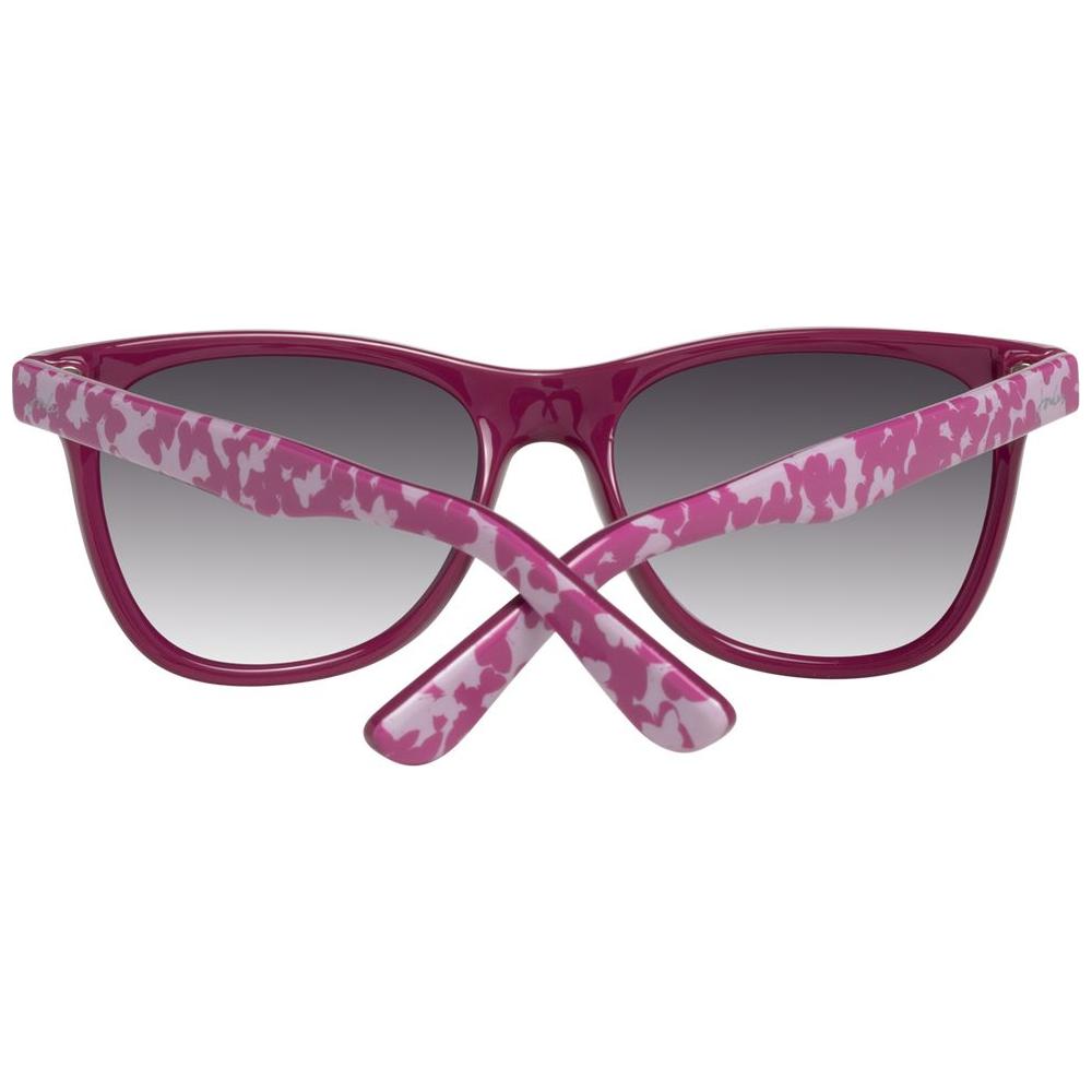 Oval pink women's sunglasses with rose-colored plastic frame and grey gradient lenses, offering 100% UVA & UVB protection.