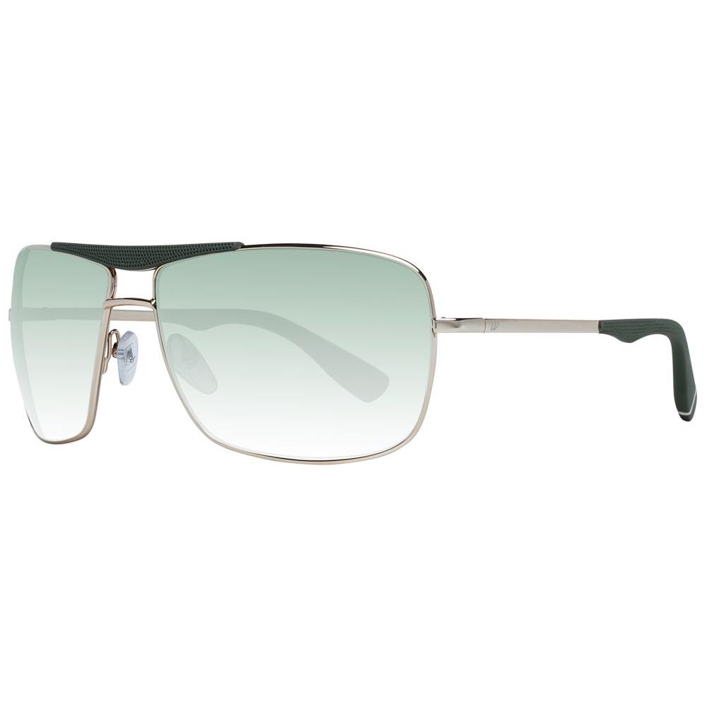 Gold metal rectangle sunglasses with green gradient lenses, full-rim, UVA & UVB protection, and a branded case.