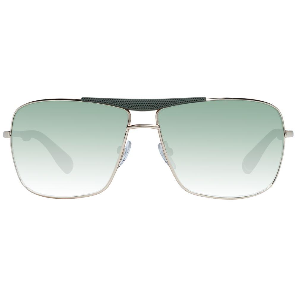 Gold metal frame men's sunglasses with green gradient lenses, full-rim rectangular style, UVA & UVB protection, 62-12-125 size.
