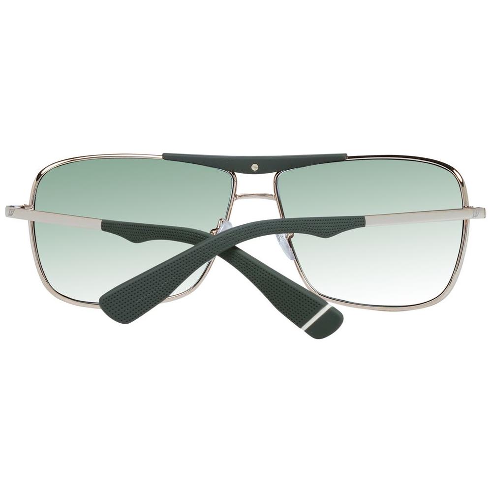 Gold metal rectangle sunglasses with gradient green plastic lenses, full-rim frame, UVA & UVB protection, featuring a branded case.