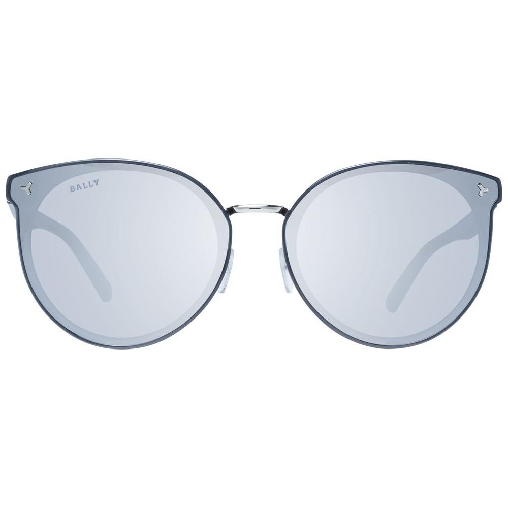 Elegant Bally gray women's sunglasses with round mirrored lenses, metal & plastic full-rim frame, 100% UVA/UVB protection.