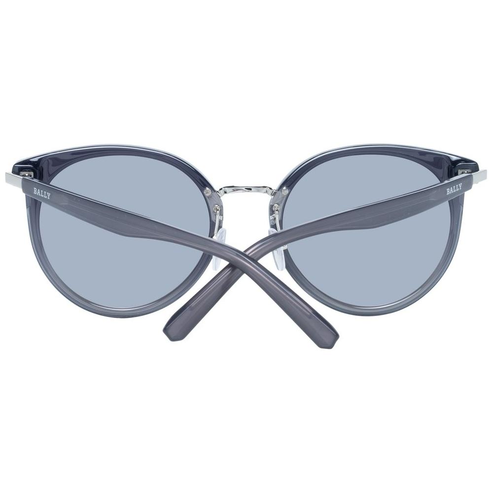 Bally gray round women's sunglasses with full-rim design, mirrored lenses, 100% UV protection, metal and plastic frame.