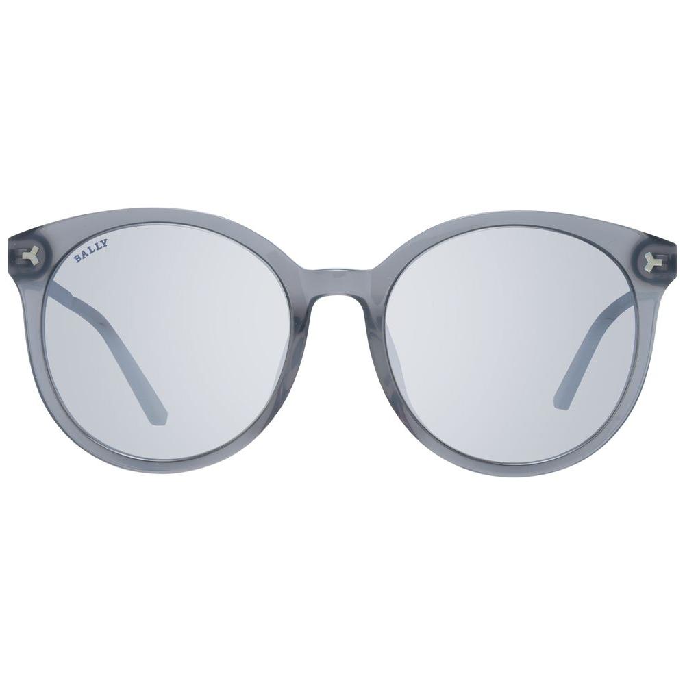 Bally gray cat-eye women's sunglasses with mirrored gradient lenses, metal and plastic frame, full-rim style, 100% UVA & UVB protection.
