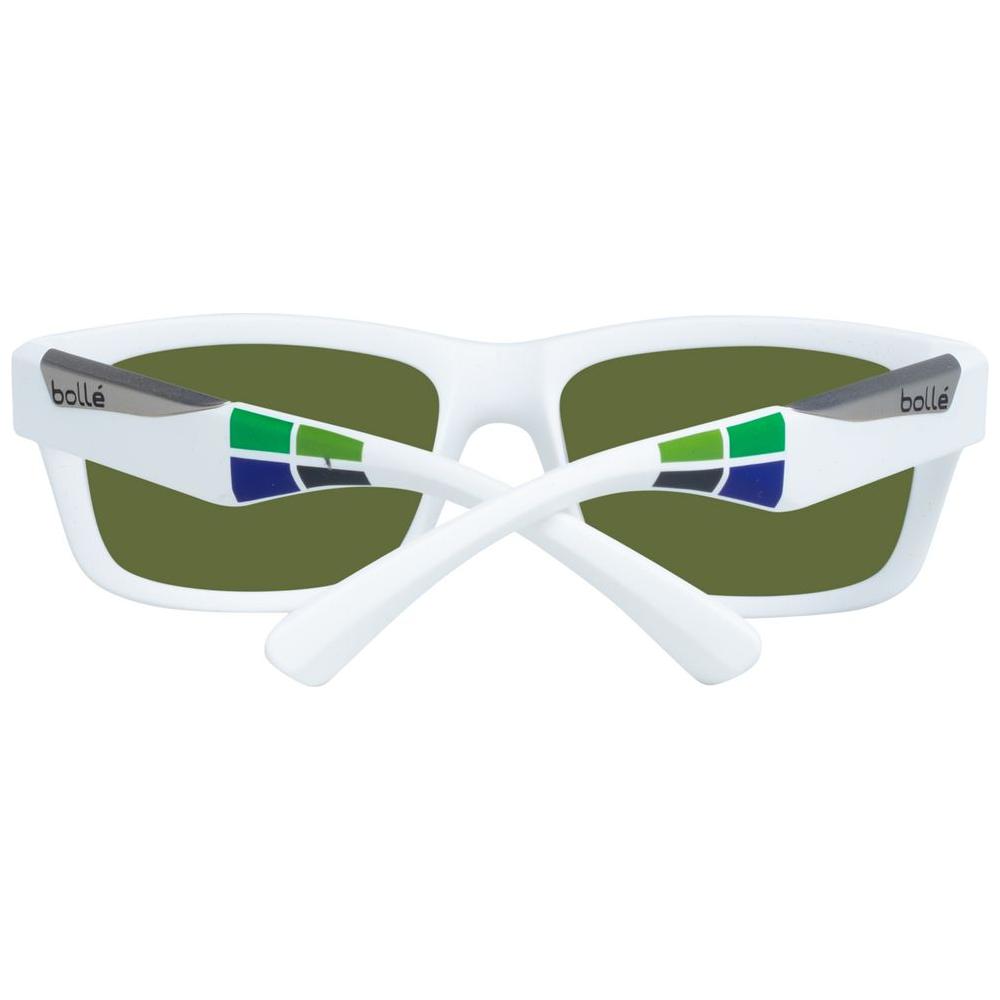 Bolle white unisex sunglasses with green mirrored lenses, full-rim plastic frame, 100% UVA & UVB protection, trapezium style.