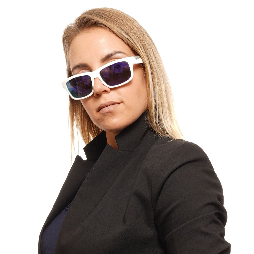 Person wearing Bolle white unisex trapezium sunglasses with green mirrored lenses, providing 100% UVA & UVB protection.