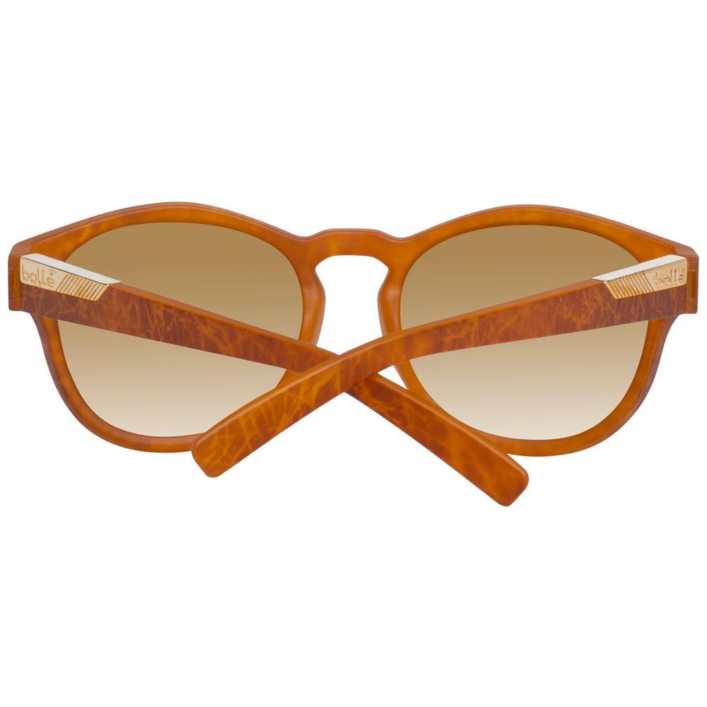 Bolle brown unisex round sunglasses with gradient lenses, plastic full-rim frame, UVA & UVB protection, includes branded case.