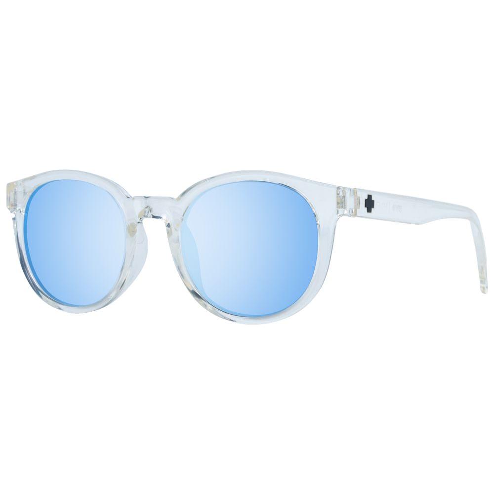 Spy transparent unisex sunglasses with mirrored grey lenses and plastic full-rim frame, offering 100% UVA & UVB protection.
