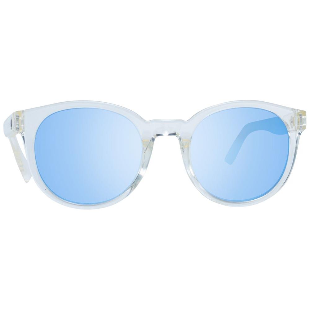 Spy transparent unisex sunglasses with round mirrored grey lenses, full-rim plastic frame, 100% UVA & UVB protection, size 48-23-142.