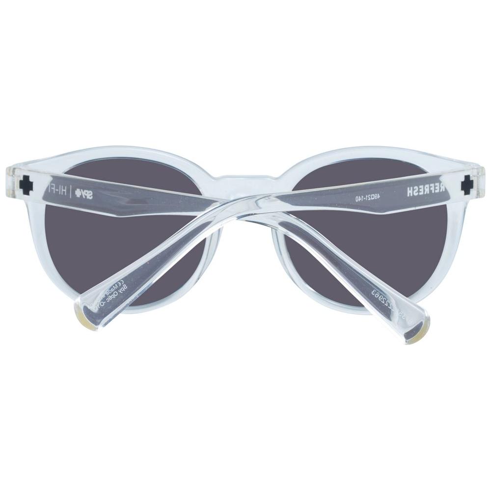 Spy transparent unisex sunglasses with round mirrored lenses, 100% UVA & UVB protection, full-rim design, grey lenses, plastic frame.