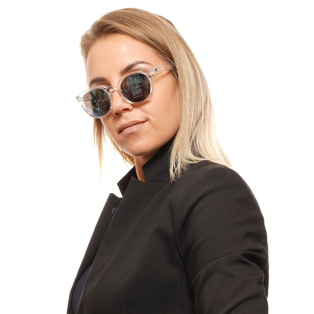Model wearing Spy Transparent Unisex Sunglasses with mirrored round lenses, grey tint, full-rim plastic frame for 100% UVA & UVB protection.