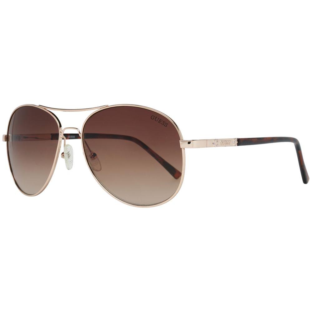 Guess Gold Women Sunglasses with brown gradient lenses, full-rim metal aviator frame, UVA & UVB protection, includes branded pouch.