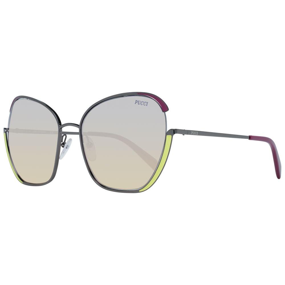 Emilio Pucci gray butterfly sunglasses for women with gunmetal metal frame and gradient multicolor lenses, offering 100% UVA & UVB protection.
