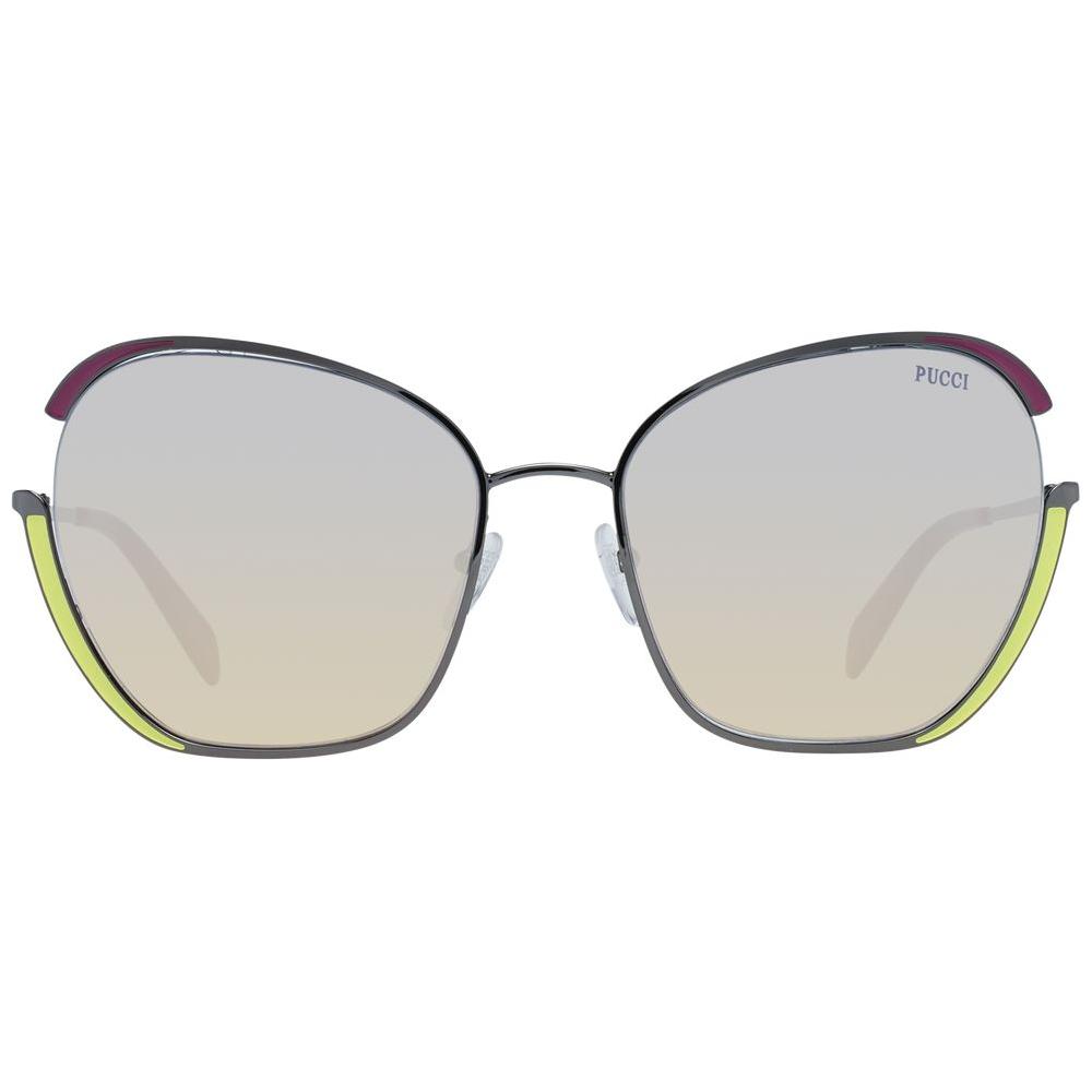 Emilio Pucci gray women's sunglasses with gunmetal full-rim metal frame and multicolor gradient butterfly lenses, includes branded case.