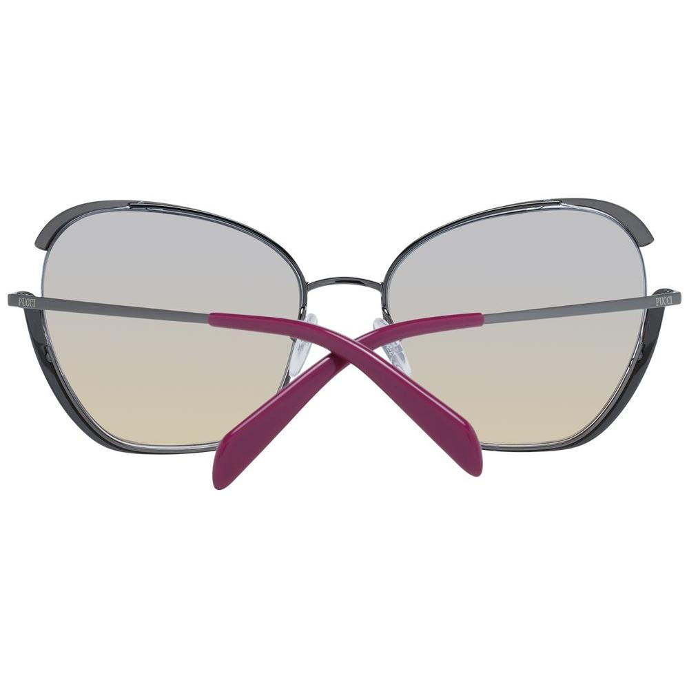 Emilio Pucci gray butterfly sunglasses for women, gunmetal frame, multicolor gradient lenses, full-rim design, 100% UV protection.