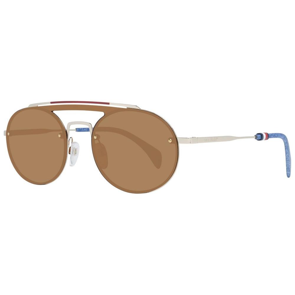 Tommy Hilfiger gold aviator sunglasses for women, full-rim frame with brown lenses, featuring 100% UVA & UVB protection.