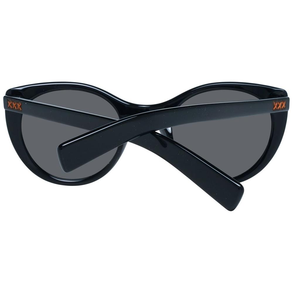 Ermenegildo Zegna black round unisex sunglasses with grey polarized lenses, plastic frame, and full-rim style. UVA & UVB protection.