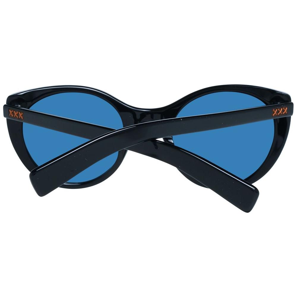 Ermenegildo Zegna black unisex sunglasses with polarized blue lenses, full-rim plastic frame. Includes branded case, 100% UVA & UVB protection.