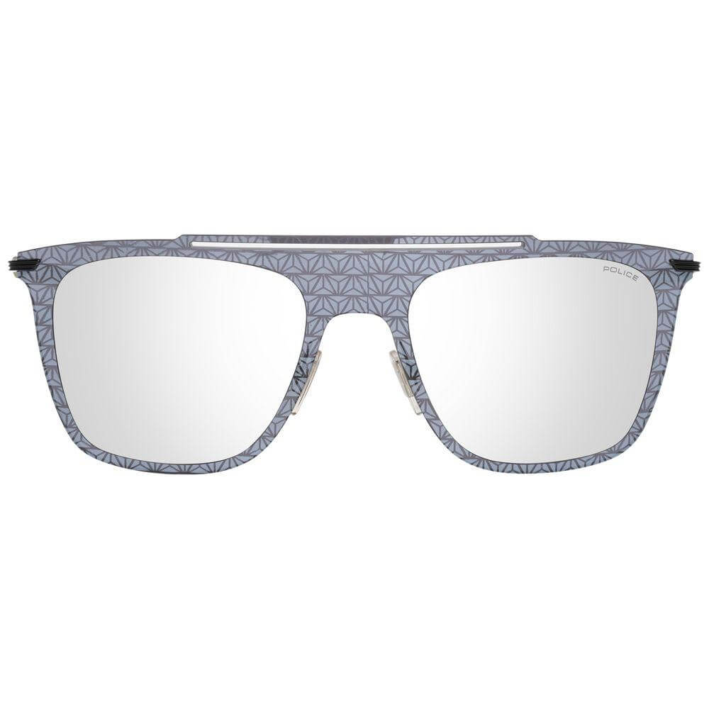 Police Gray Men Sunglasses, aviator style with mirrored lenses, featuring grey plastic frame, 100% UVA & UVB protection, size 52-20-145.