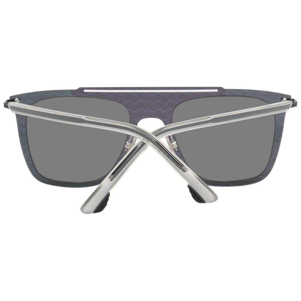 Grey aviator sunglasses for men with mirrored lenses and plastic frame, offering 100% UVA & UVB protection, includes branded case.