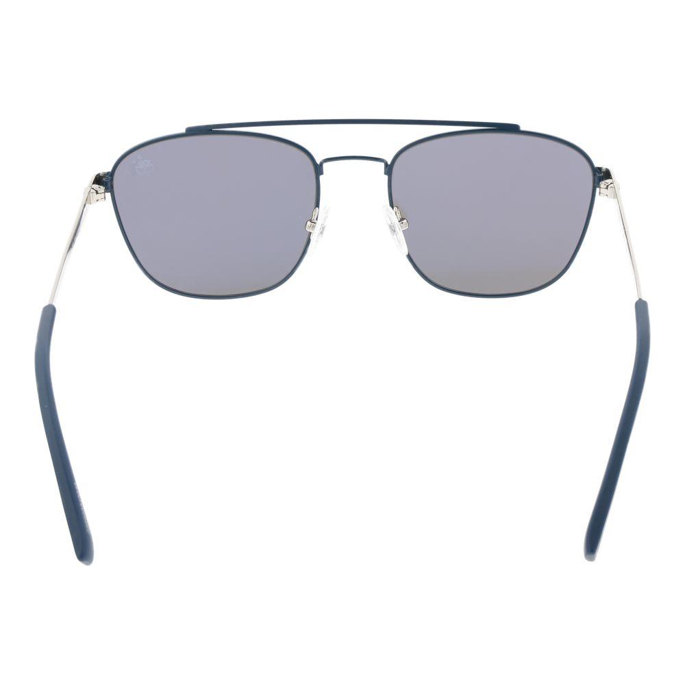 Silver Timberland men's aviator sunglasses with grey polarized mirrored lenses and full-rim metal frame, includes branded case.