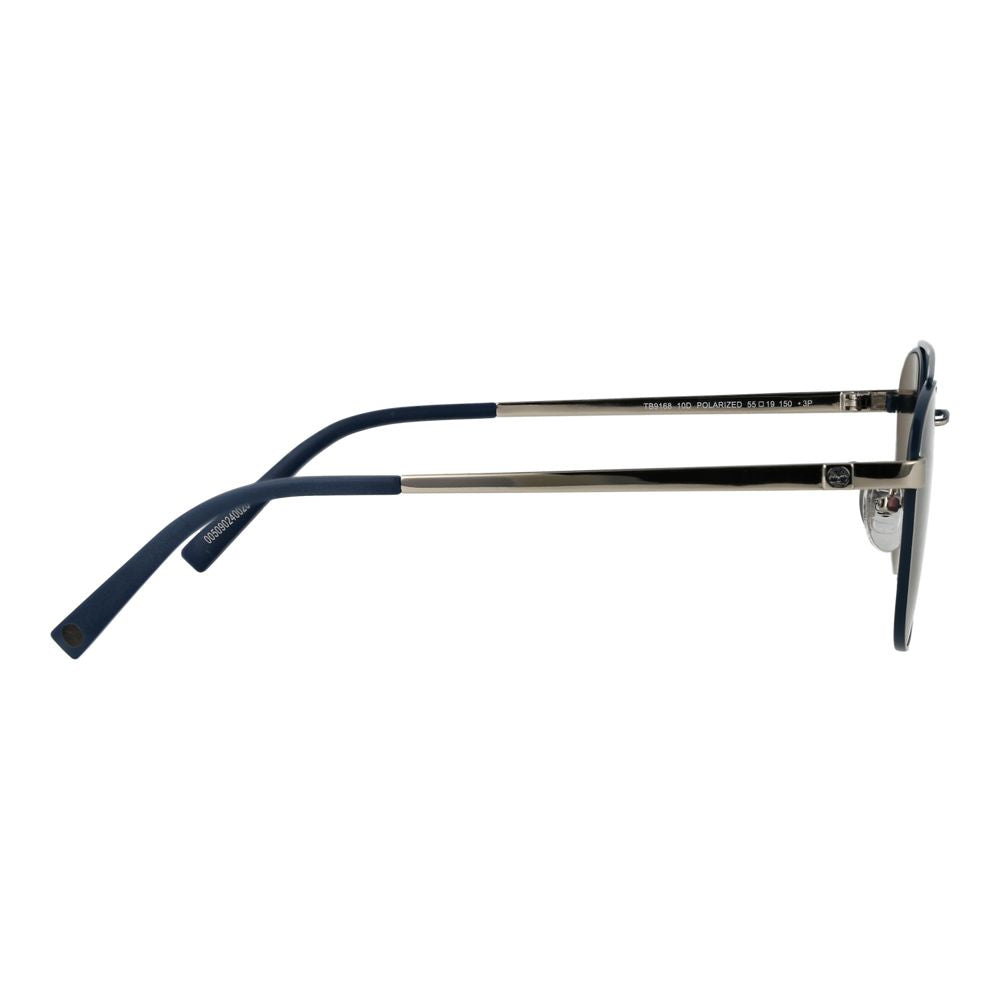 Side view of Timberland silver men's sunglasses with metal frame and plastic polarized mirrored lenses. Includes branded case. Full-Rim style.