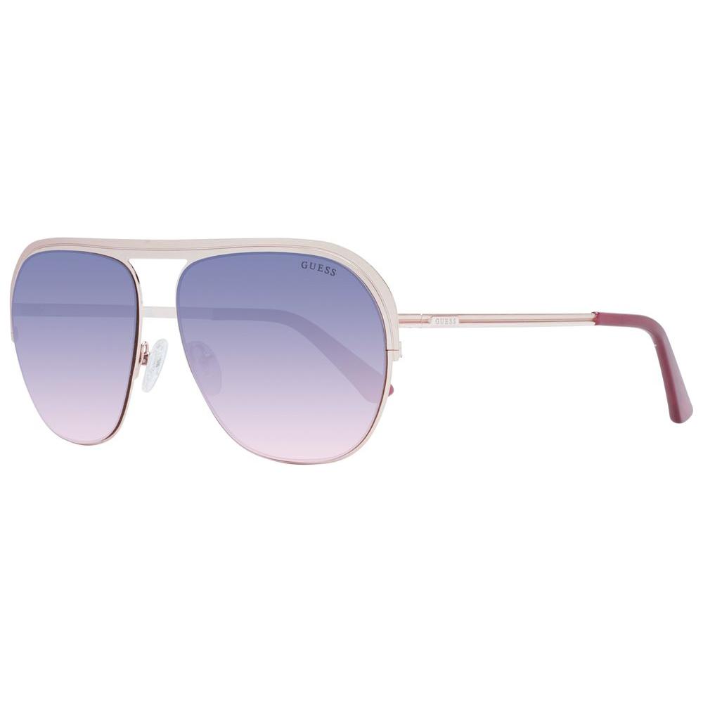 Guess rose gold unisex aviator sunglasses with purple gradient lenses, full-rim metal frame, 100% UVA & UVB protection, includes case.
